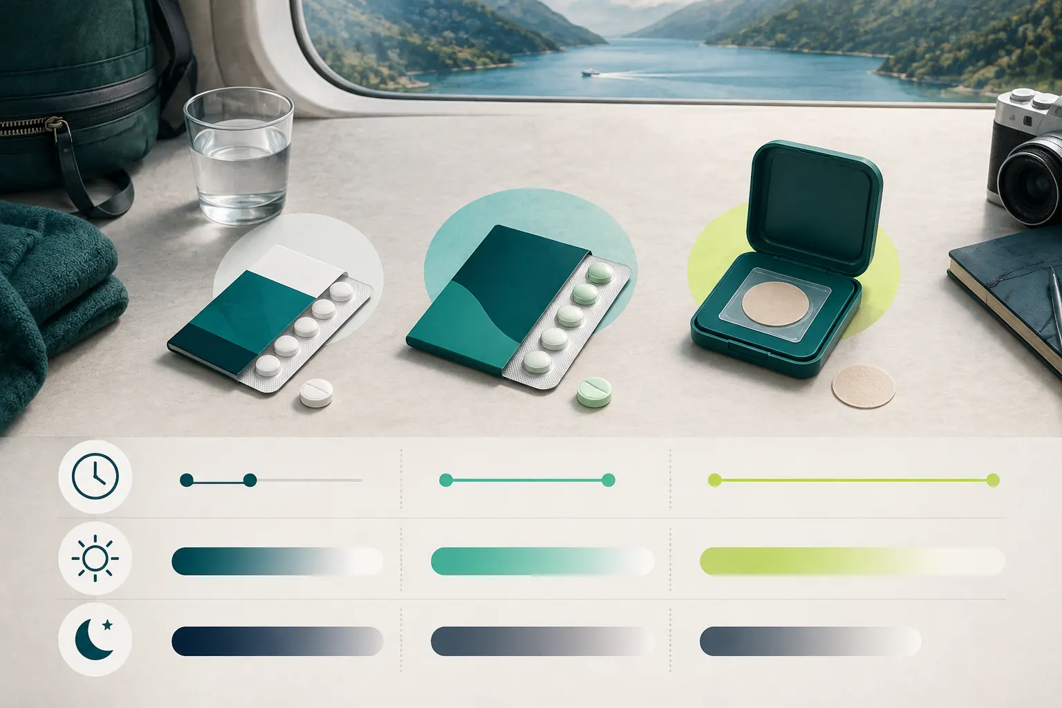 Three unbranded motion sickness options compared with different duration paths and alertness shading.
