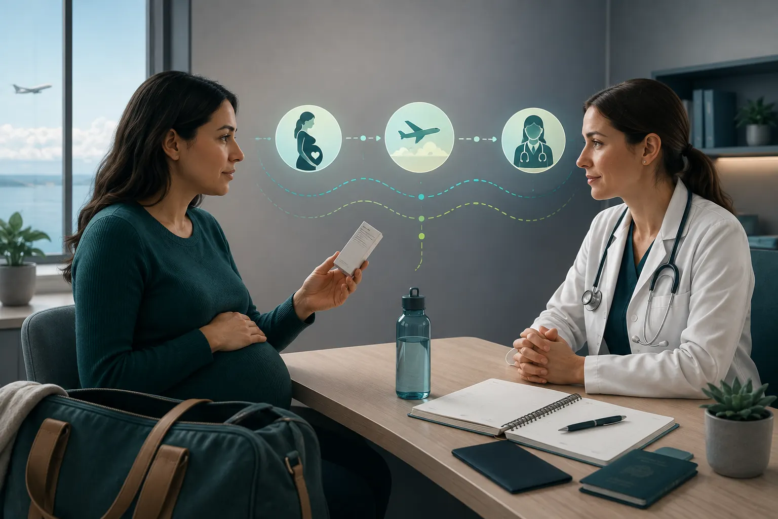 Pregnant traveler discussing an unlabelled motion sickness medicine package with a clinician before a trip.