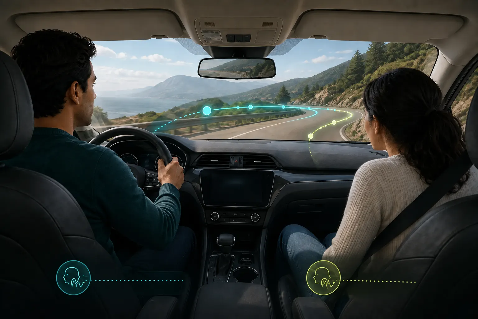 Driver preparing for a road curve before steering while the belted passenger reacts after the turn begins.