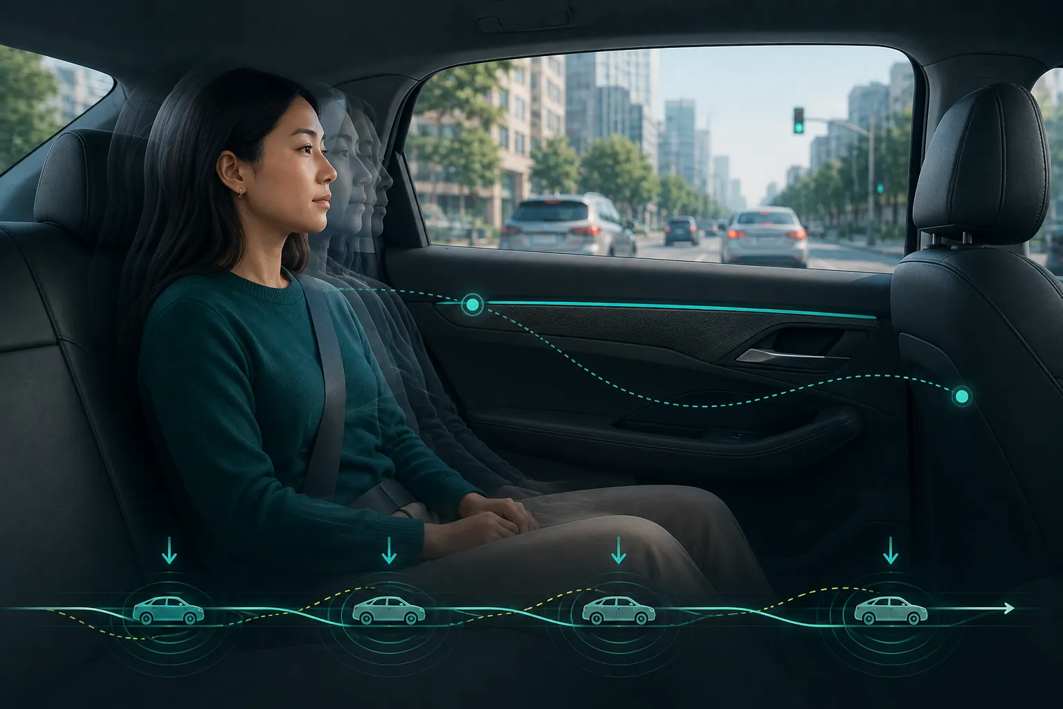 Electric-car passenger experiencing repeated gentle deceleration pulses during smooth city driving.