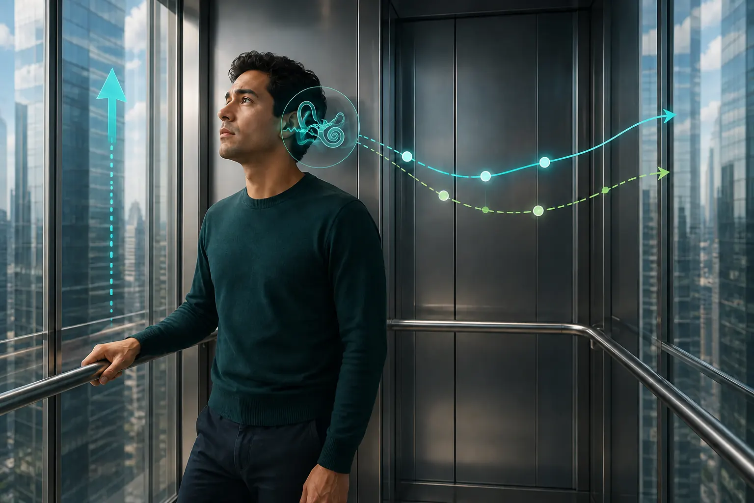 Passenger in a rising glass elevator beside a simplified inner-ear cue and a delayed motion line.