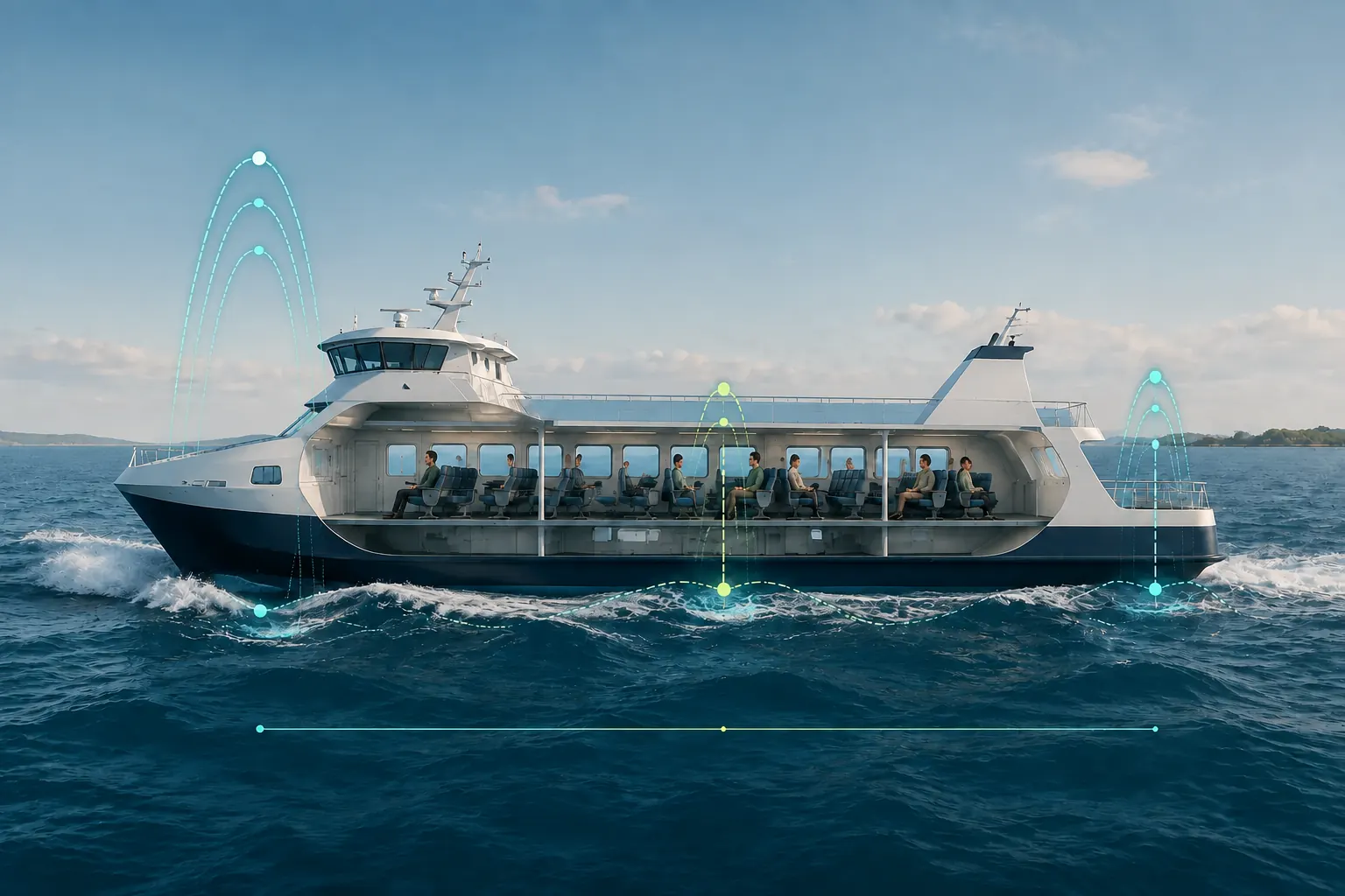 Ferry cutaway showing larger motion at the bow and stern and a calmer low midship seating area.