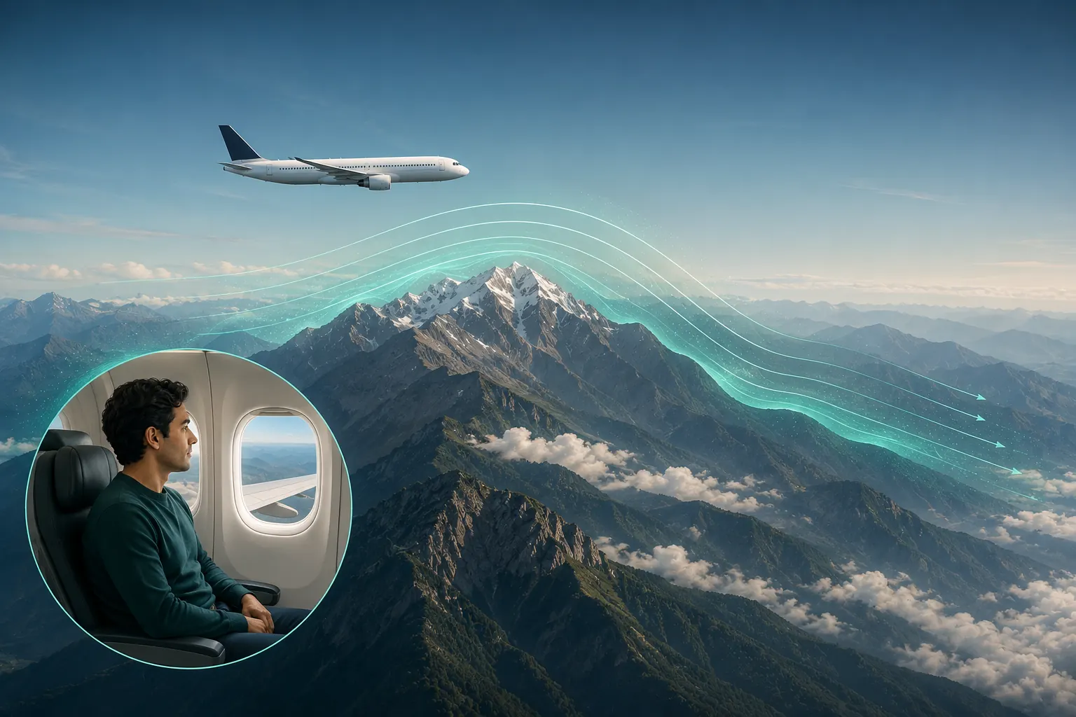Passenger aircraft crossing gentle mountain-wave airflow above a layered mountain range.