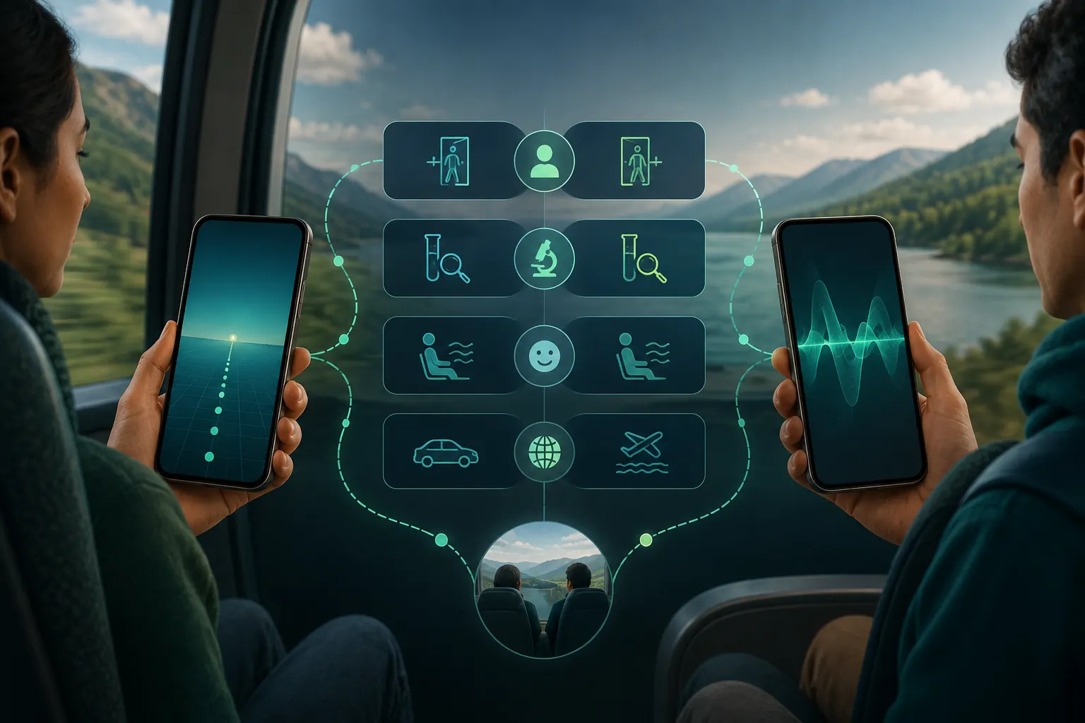 Two generic phones showing abstract visual dots and audio waves beside a neutral app comparison grid.