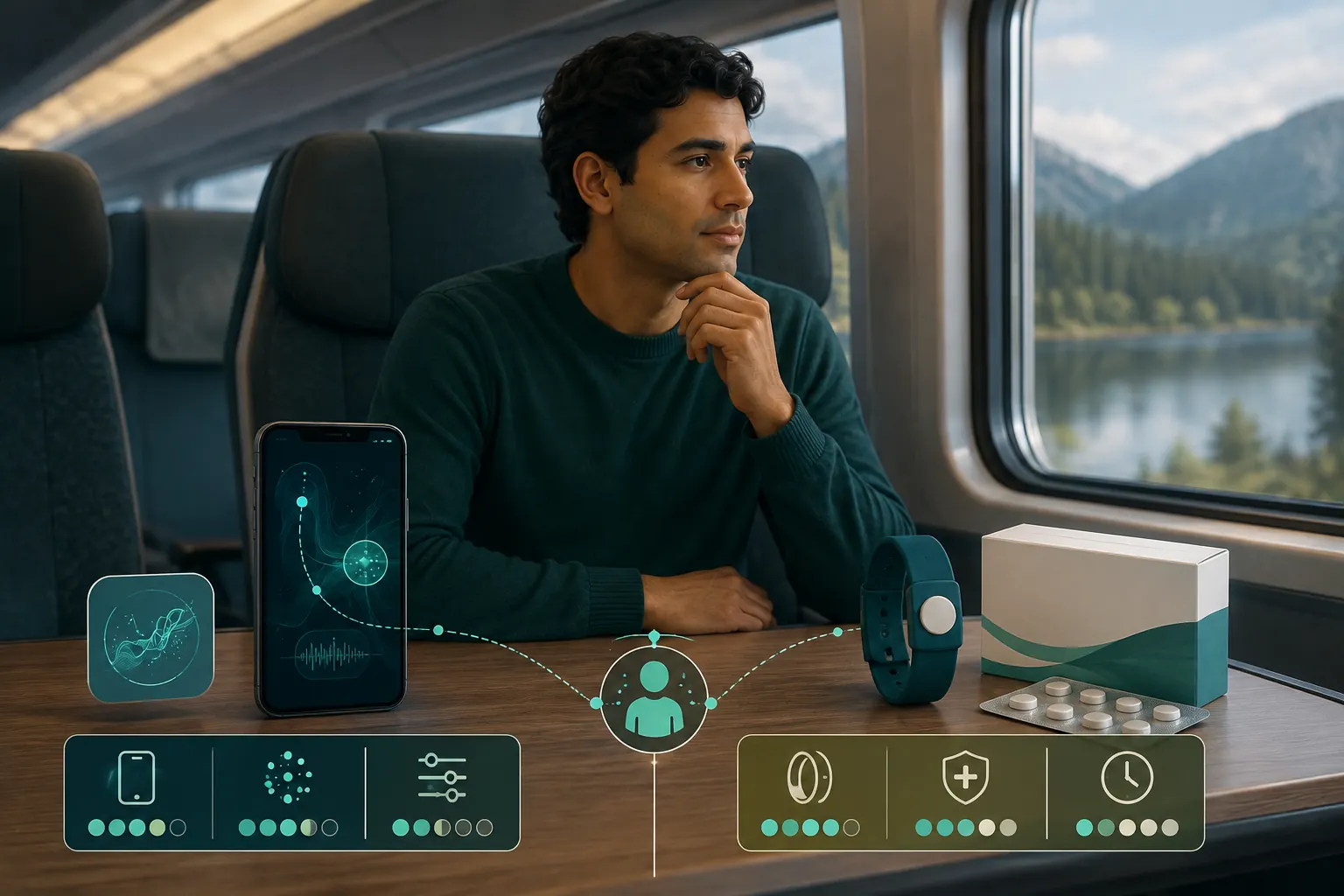 Traveler comparing a generic motion sickness app with wristbands and a closed unlabelled medicine package.