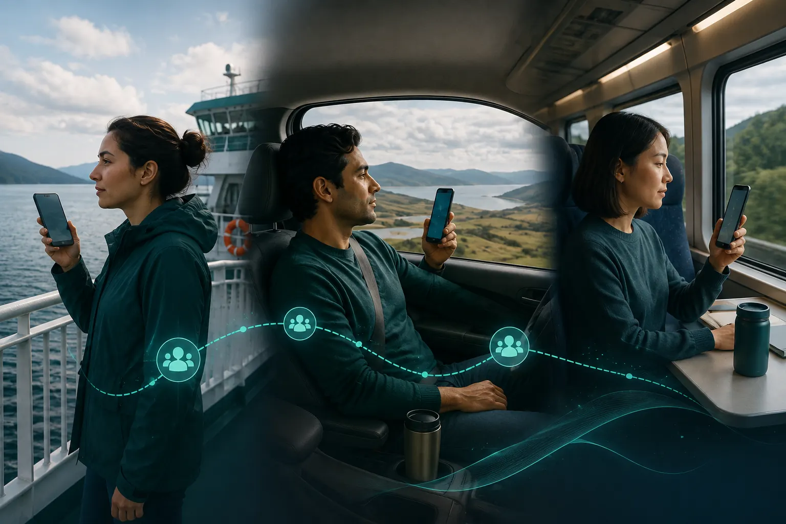 Travelers documenting honest motion sickness experiences during ferry, road and train journeys.