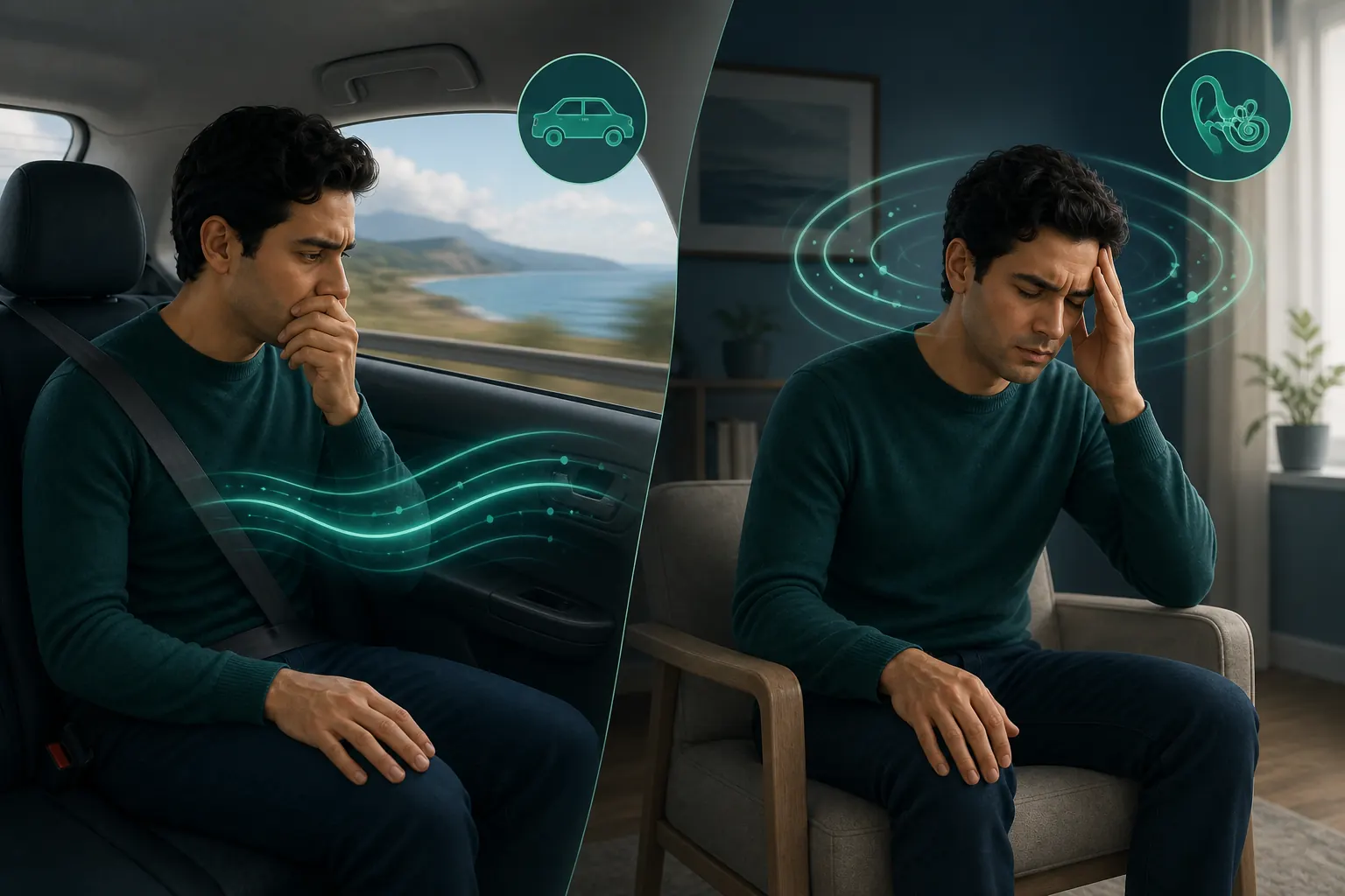 Same person shown with car-motion nausea and a separate spinning sensation while stationary at home.