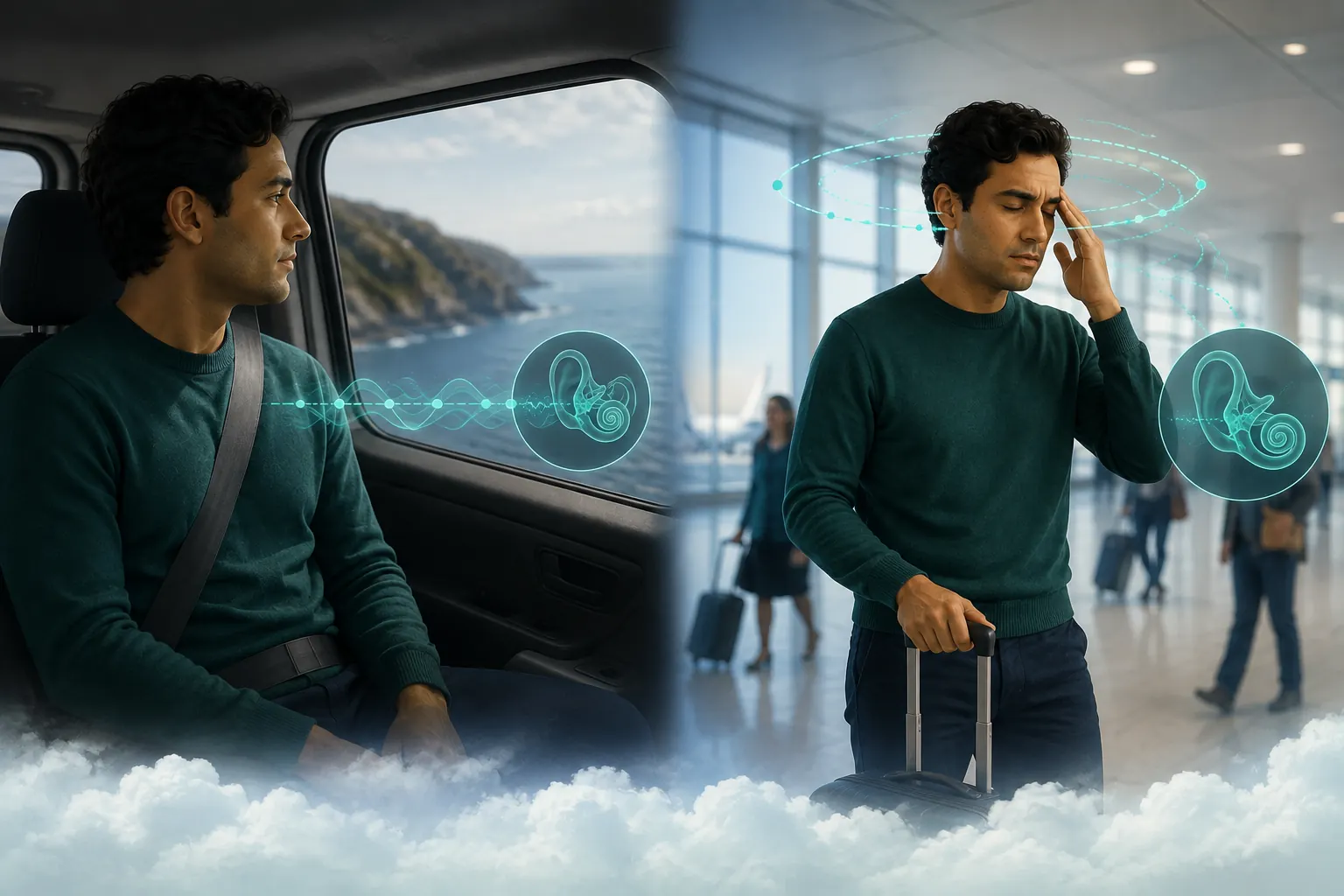 Traveler shown with motion-linked nausea in a vehicle and a separate spinning sensation while standing still.