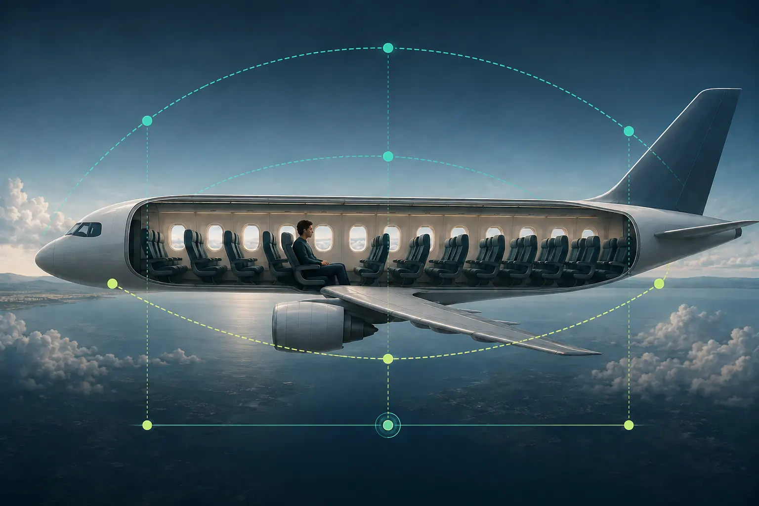 Aircraft cutaway showing smaller pitch motion over the wing and larger arcs toward the nose and tail.
