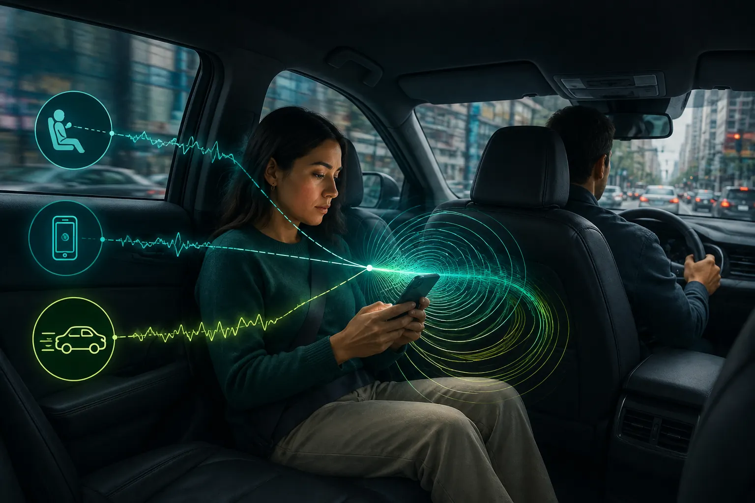 Back-seat rideshare passenger looking at a phone while unfamiliar turns and stop-start city motion overlap.