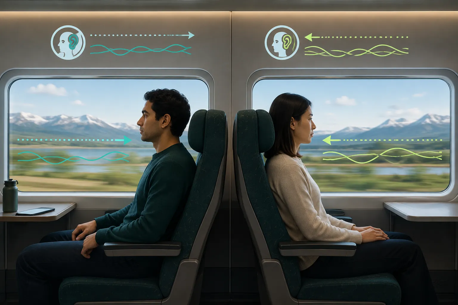 Train passengers facing forward and backward with sensory arrows showing aligned and opposing motion expectations.