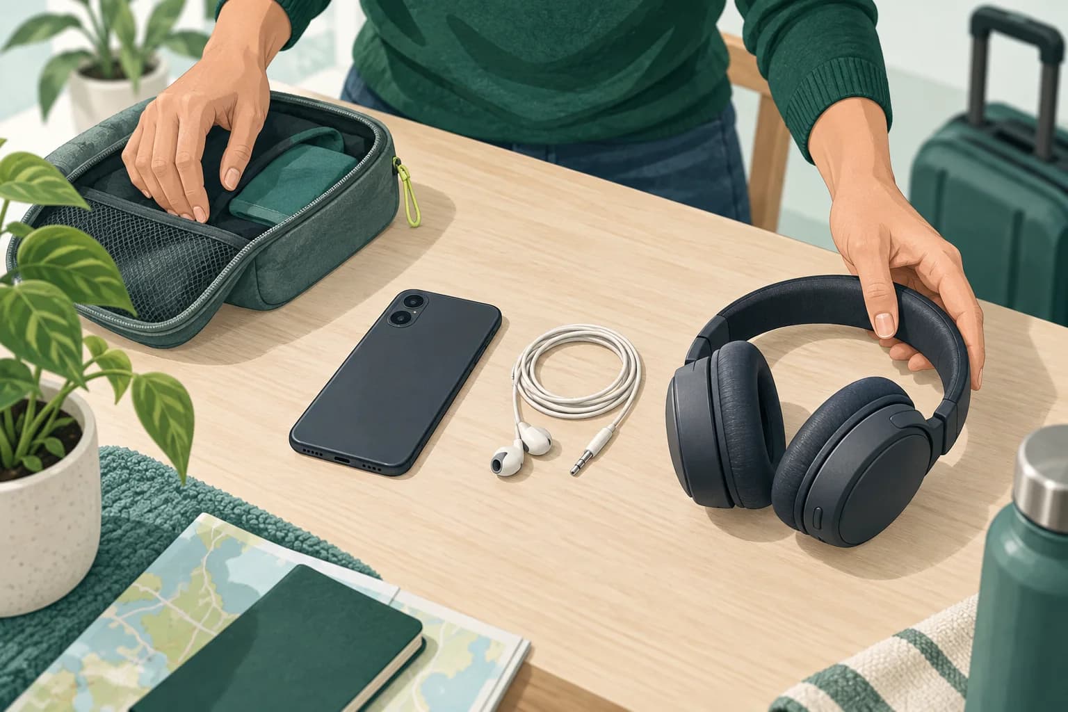 Adult hands arranging a phone, wired earbuds and folded over-ear headphones at a packing table.