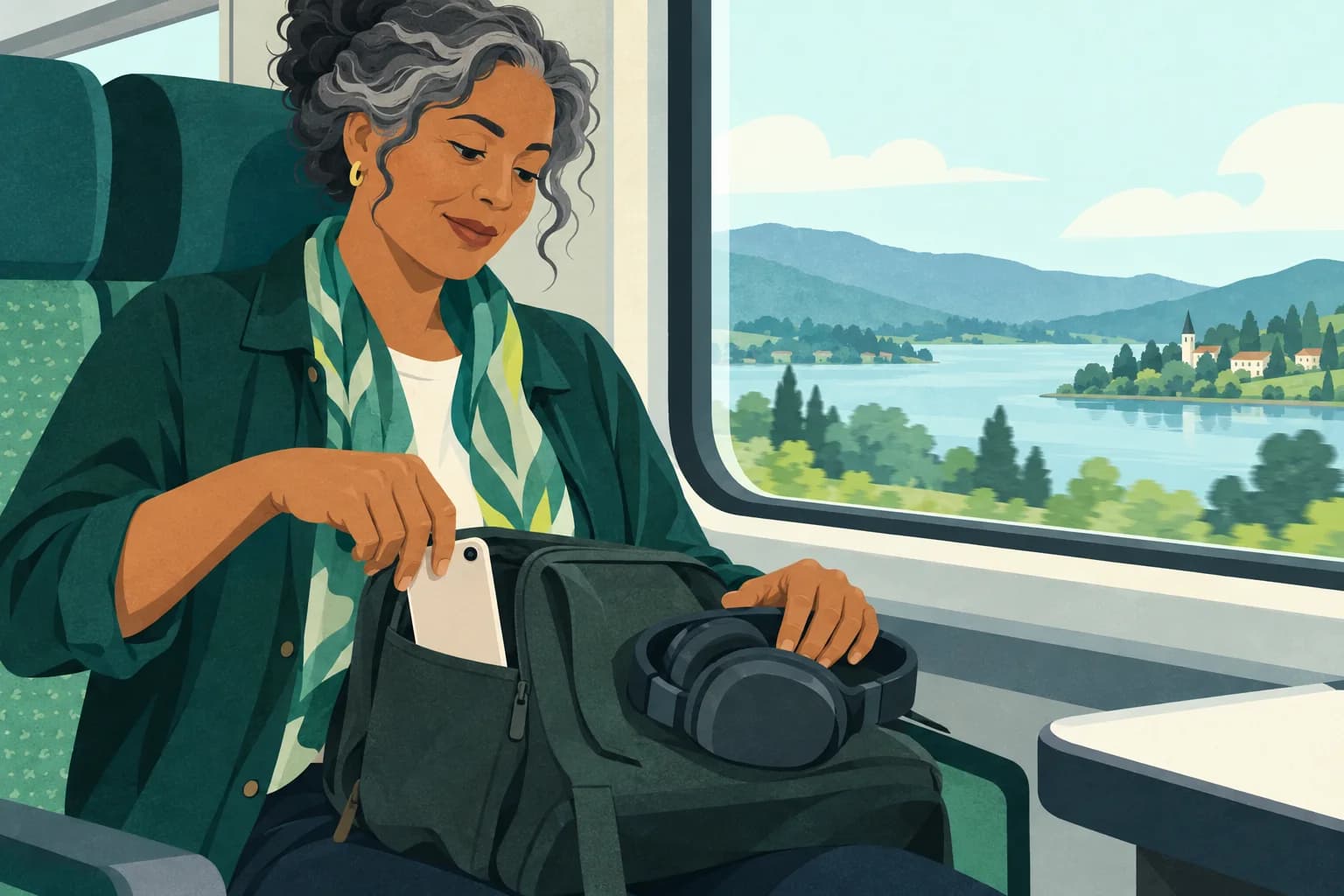 Adult train passenger putting a phone into a bag pocket, with headphones resting on their lap.