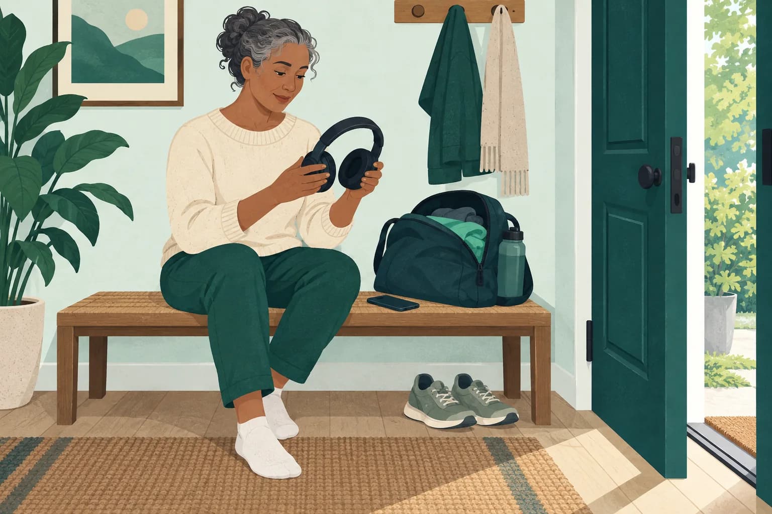 Adult seated by a packed day bag, holding headphones beside a plain phone.