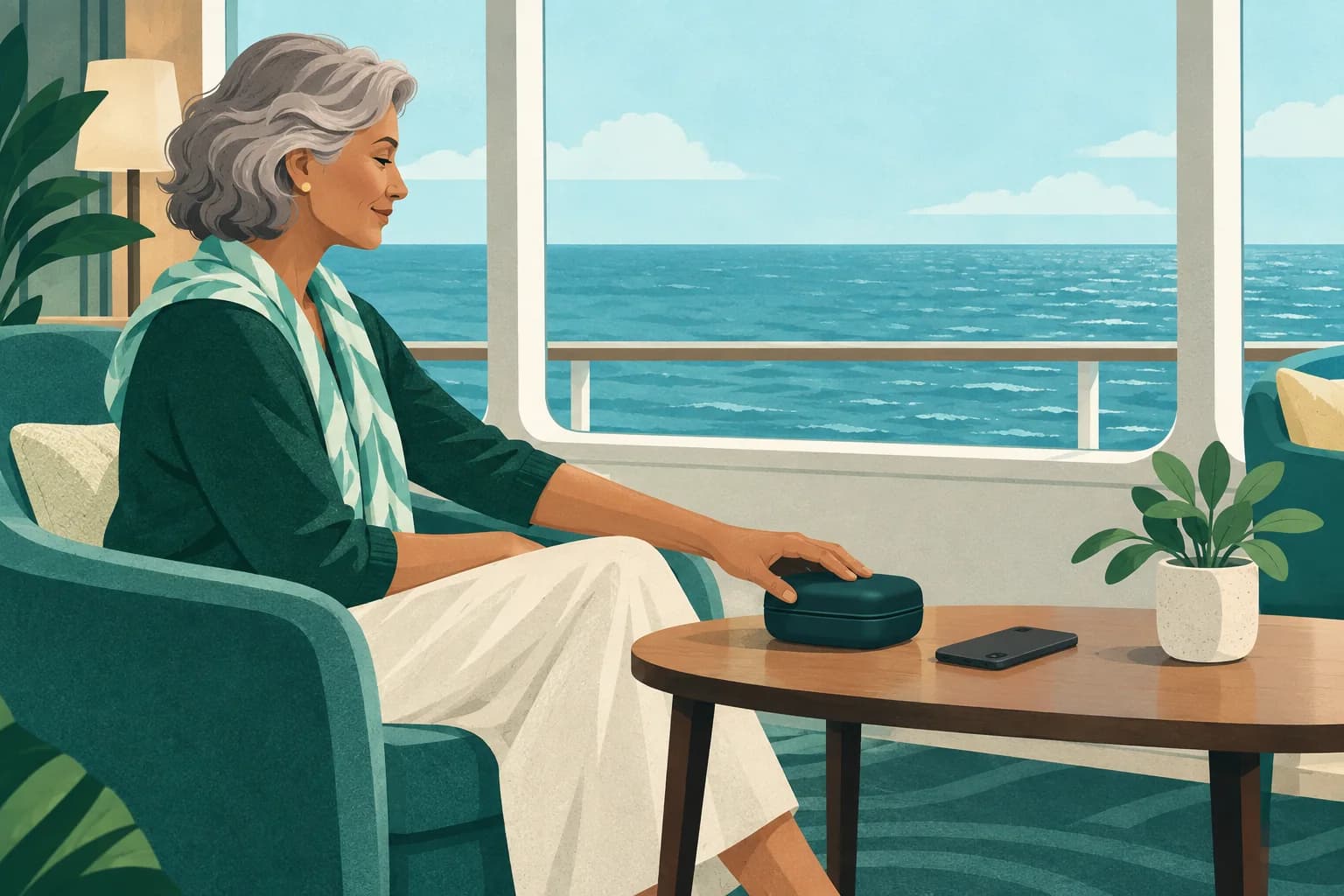 Adult in a ship lounge placing a headphone case beside a phone on a small table.