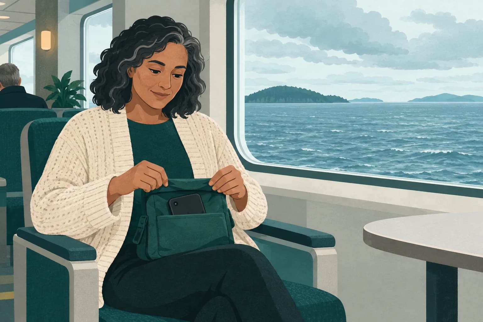 Adult in a warm layer seated inside a ferry lounge with a headphone pouch.