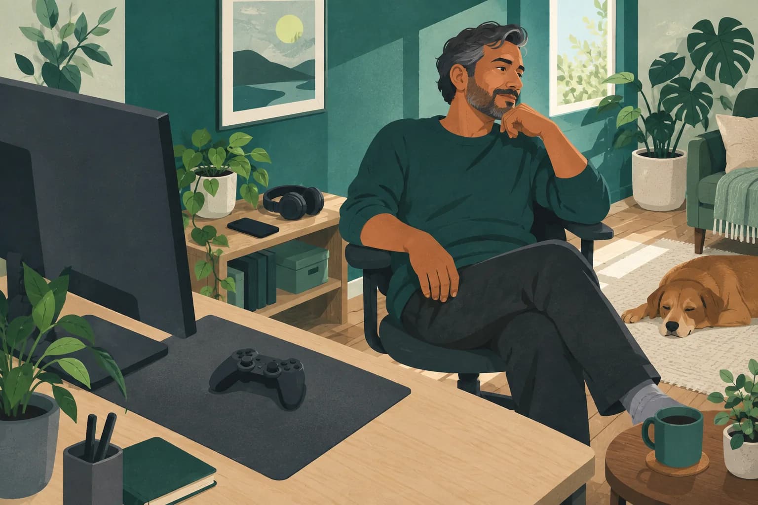 Adult player turned away from a blank monitor, with a controller set down beside headphones and a phone.