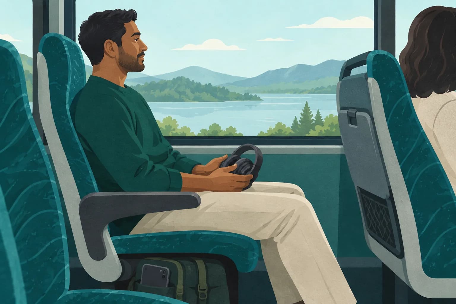 Adult bus passenger holding headphones while seated upright beside a window.