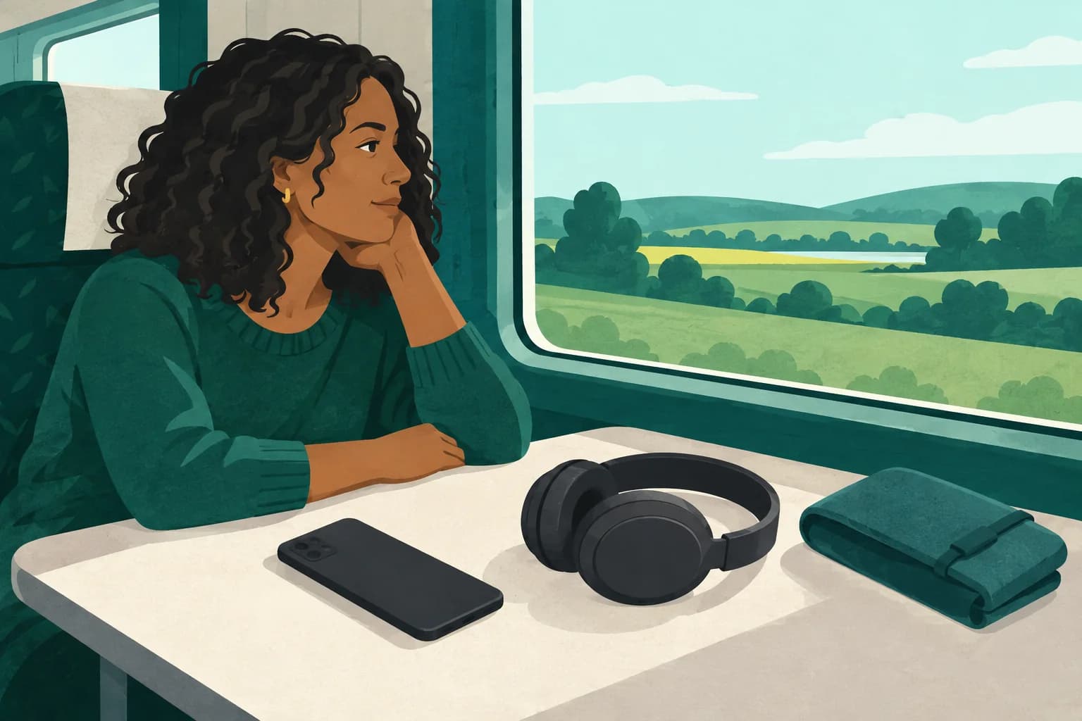 A face-down phone and headphones on a train table beside a passenger window.