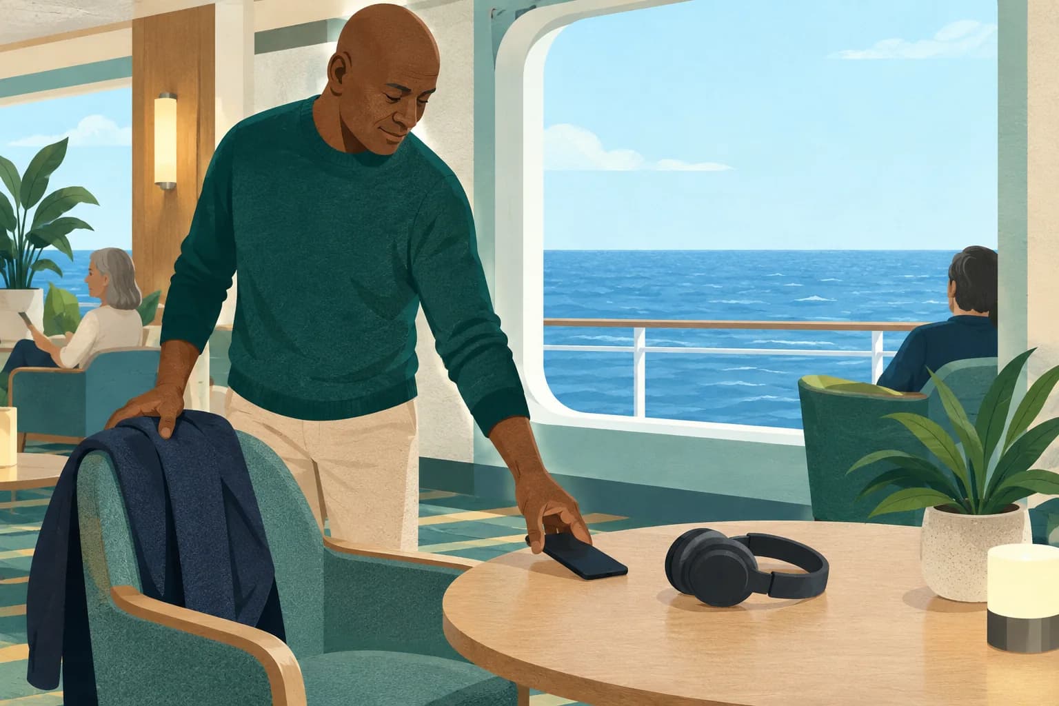 Adult placing a plain phone and headphones on a bright ship lounge table.