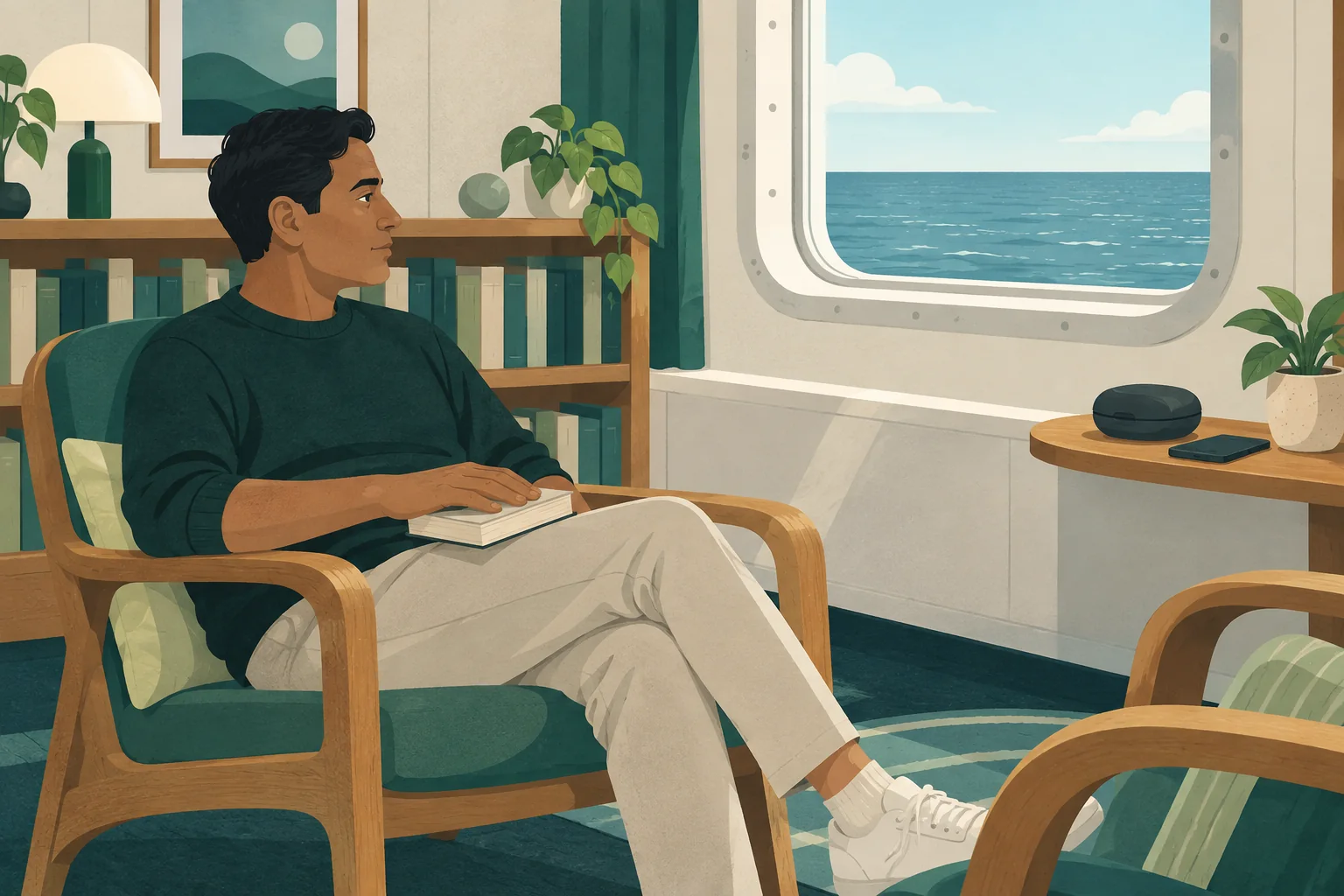 Adult with a closed book and headphone case in a quiet ship reading corner.
