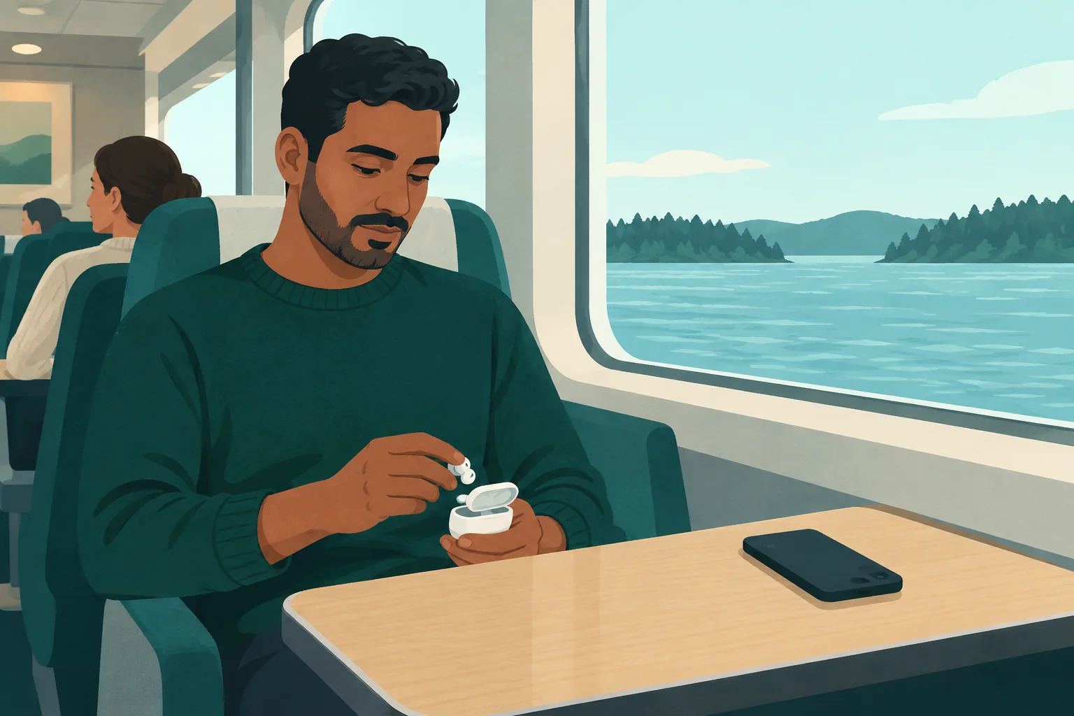 Adult seated at a ship window with a small headphone case and a plain phone.