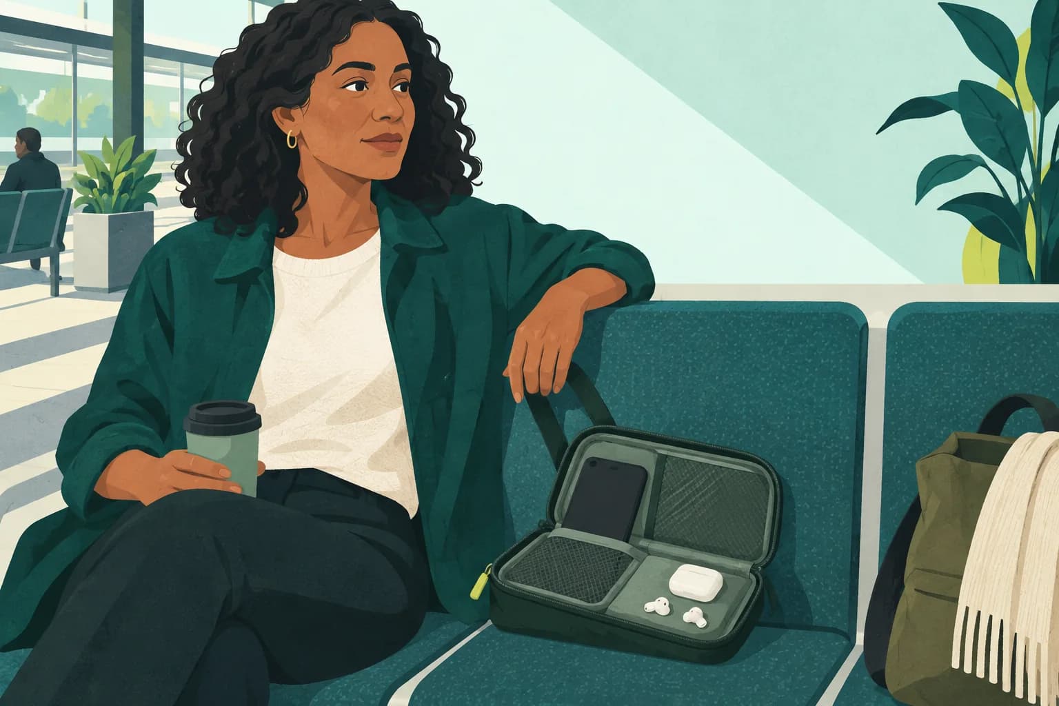 A smartphone, earbud case and travel pouch beside an adult on a station seat.