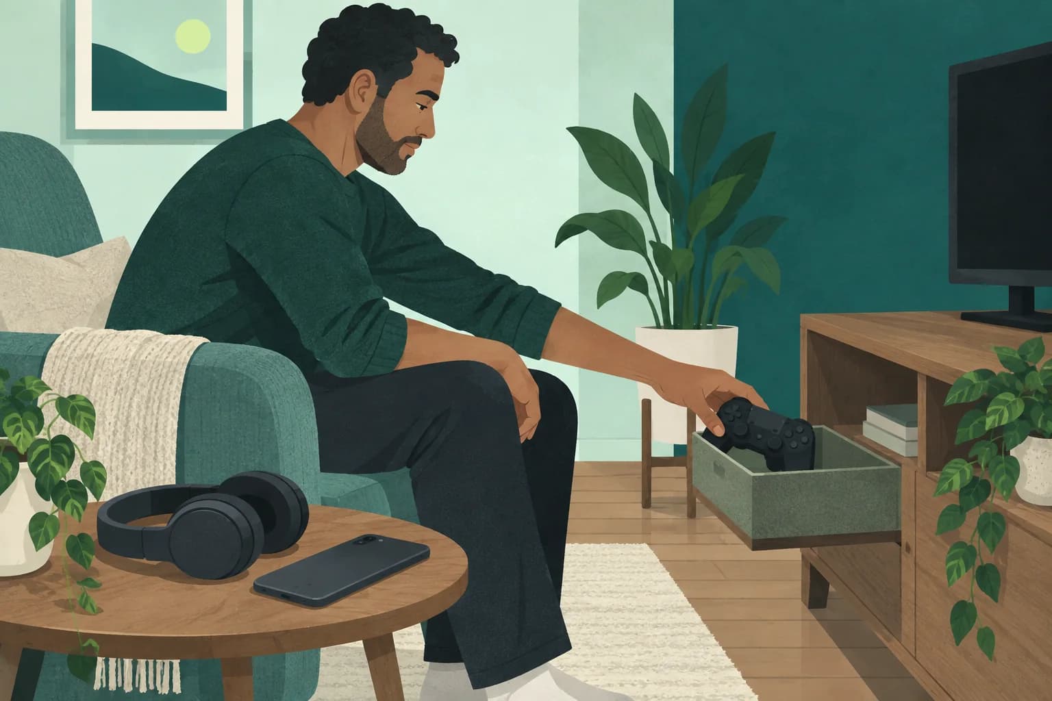 Adult player placing a controller into a tray with a phone and headphones nearby.