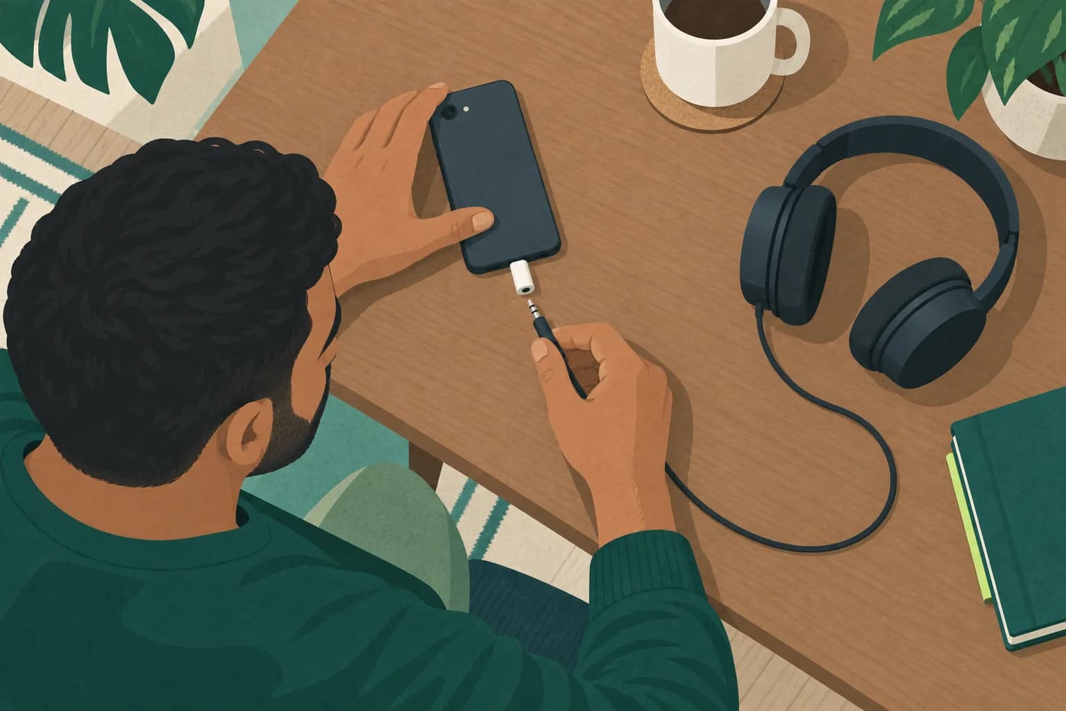 Adult at a home table connecting wired headphones to a phone through one small adapter.