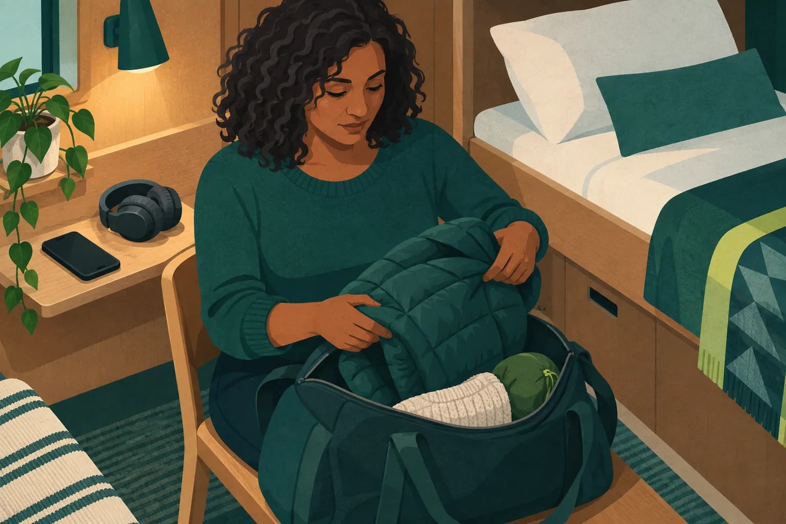 Adult folding a warm jacket in a cabin with a phone and headphones nearby.