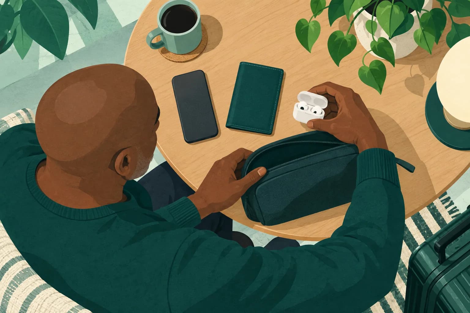 Adult arranging a rounded phone and wireless earbuds beside a boarding wallet.