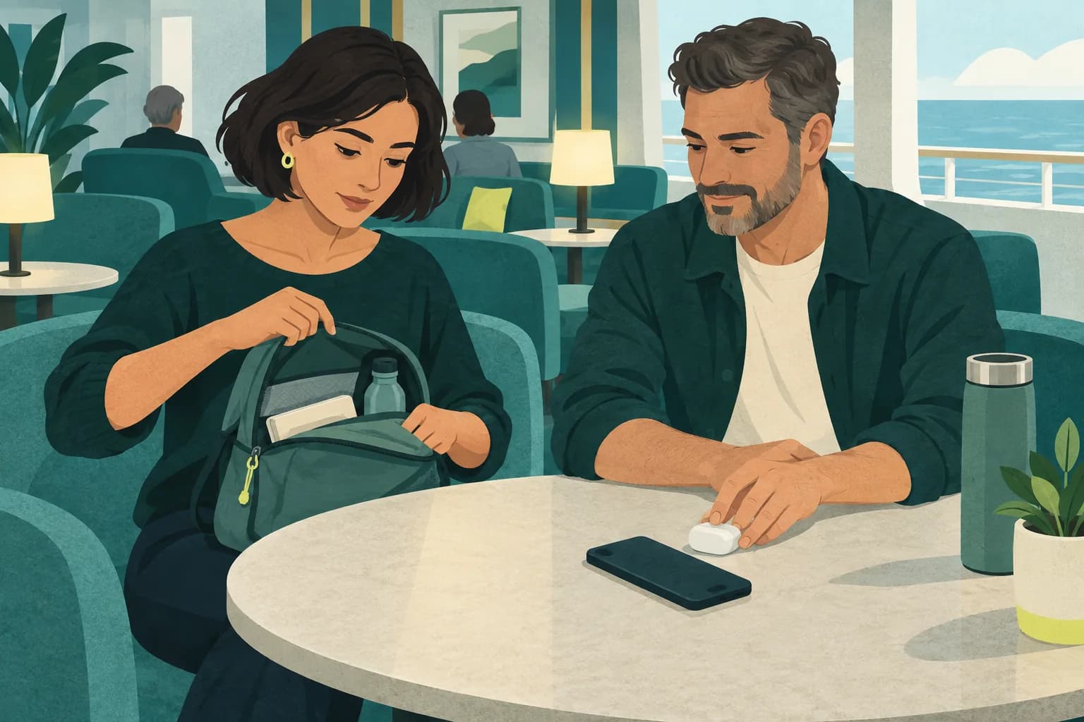 Two adults checking a phone and earbud case at an indoor cruise lounge table.