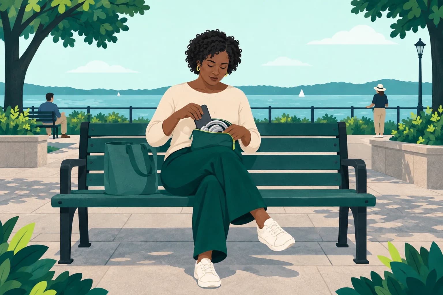 Adult seated at a broad paved park rest area with a phone and headphones in a pouch.