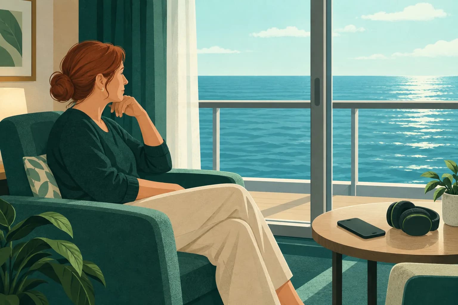 Adult seated indoors near a balcony window with a phone and headphones on a low table.