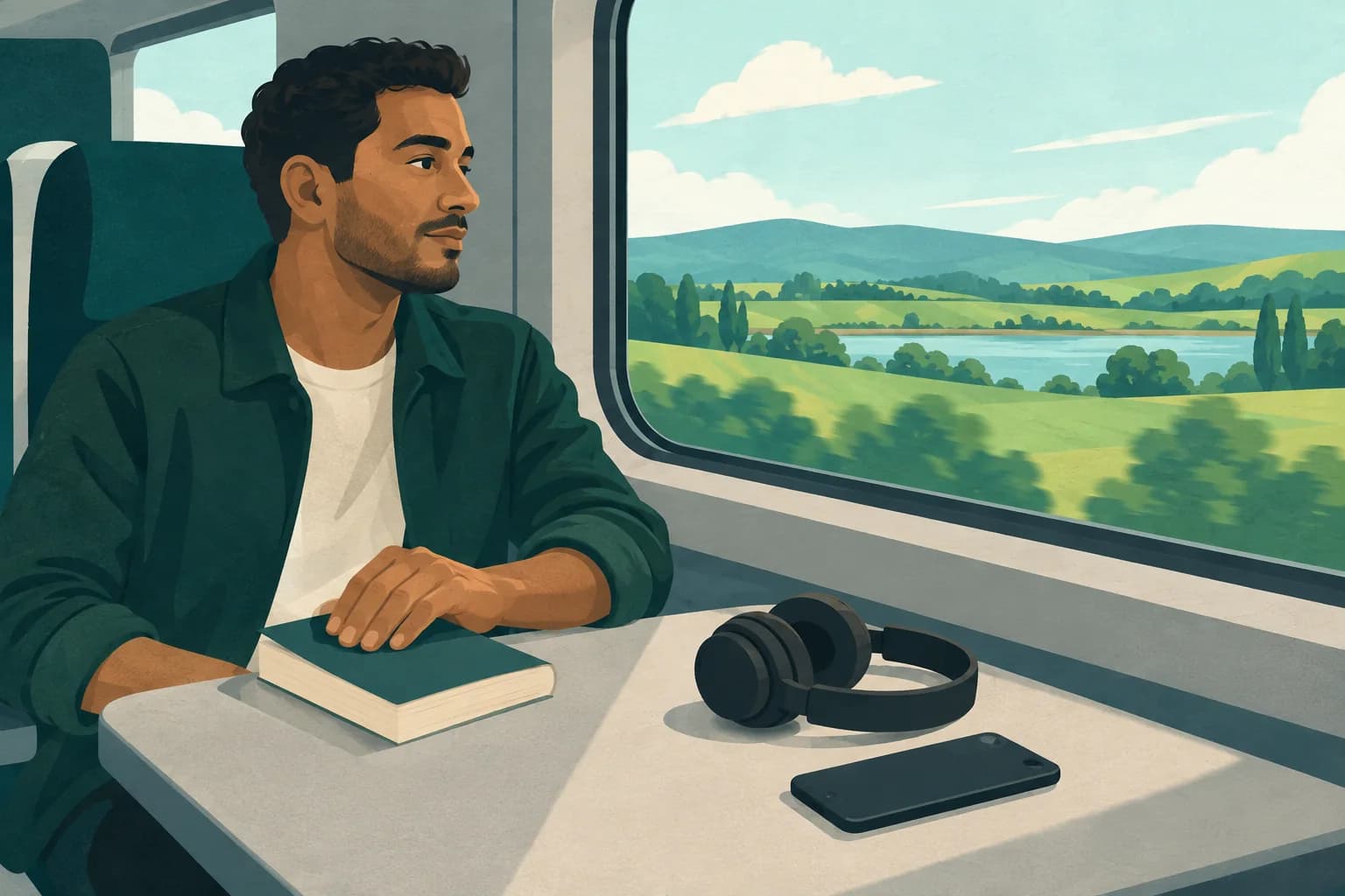 Adult at a train table with a closed book, plain phone and headphones beside a window.
