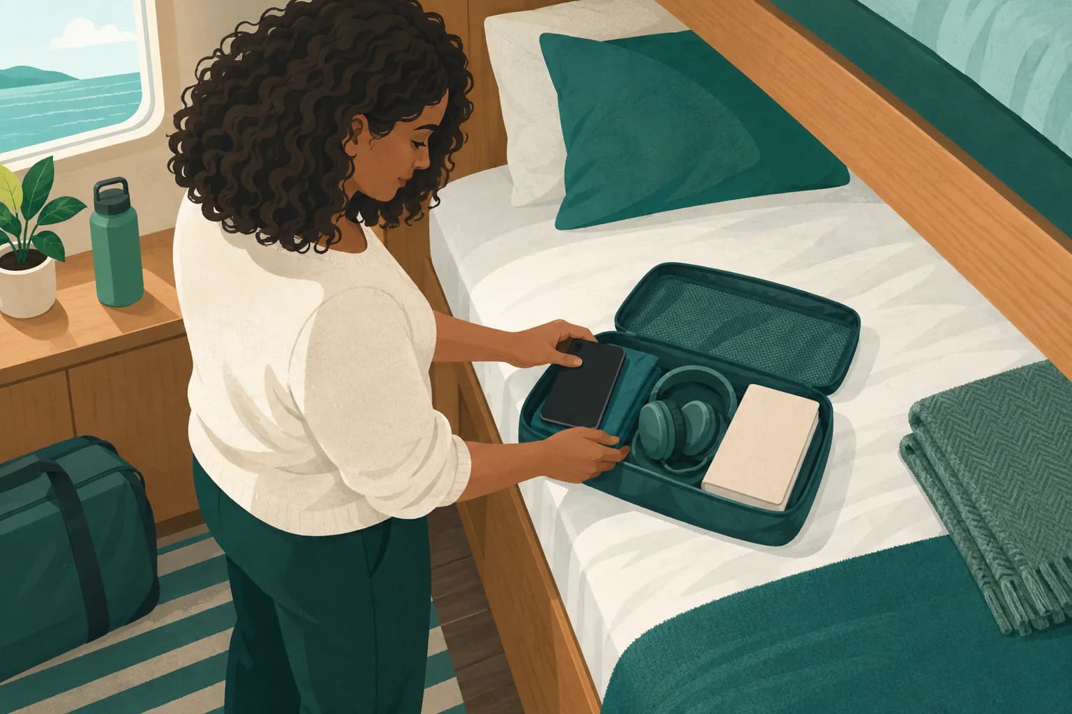 Adult beside a made cabin bunk packing a phone, headphones and paperback into a pouch.
