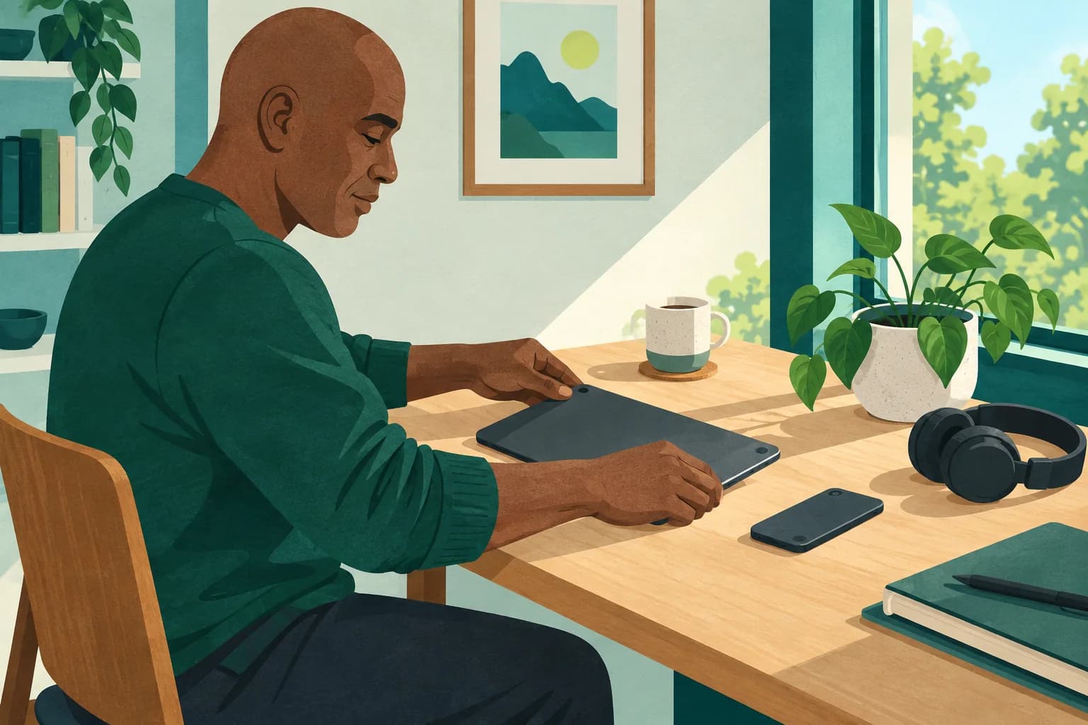 Adult turning a tablet face down on a desk with a phone and headphones nearby.