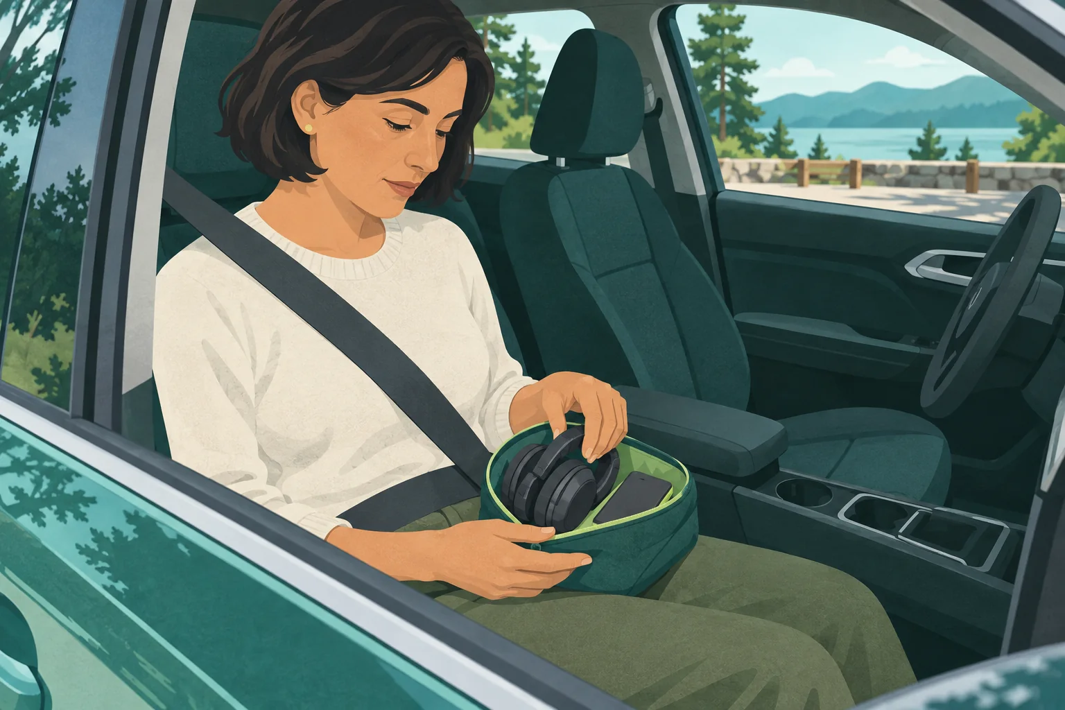 Belted adult front passenger holding a pouch with headphones and a plain phone.
