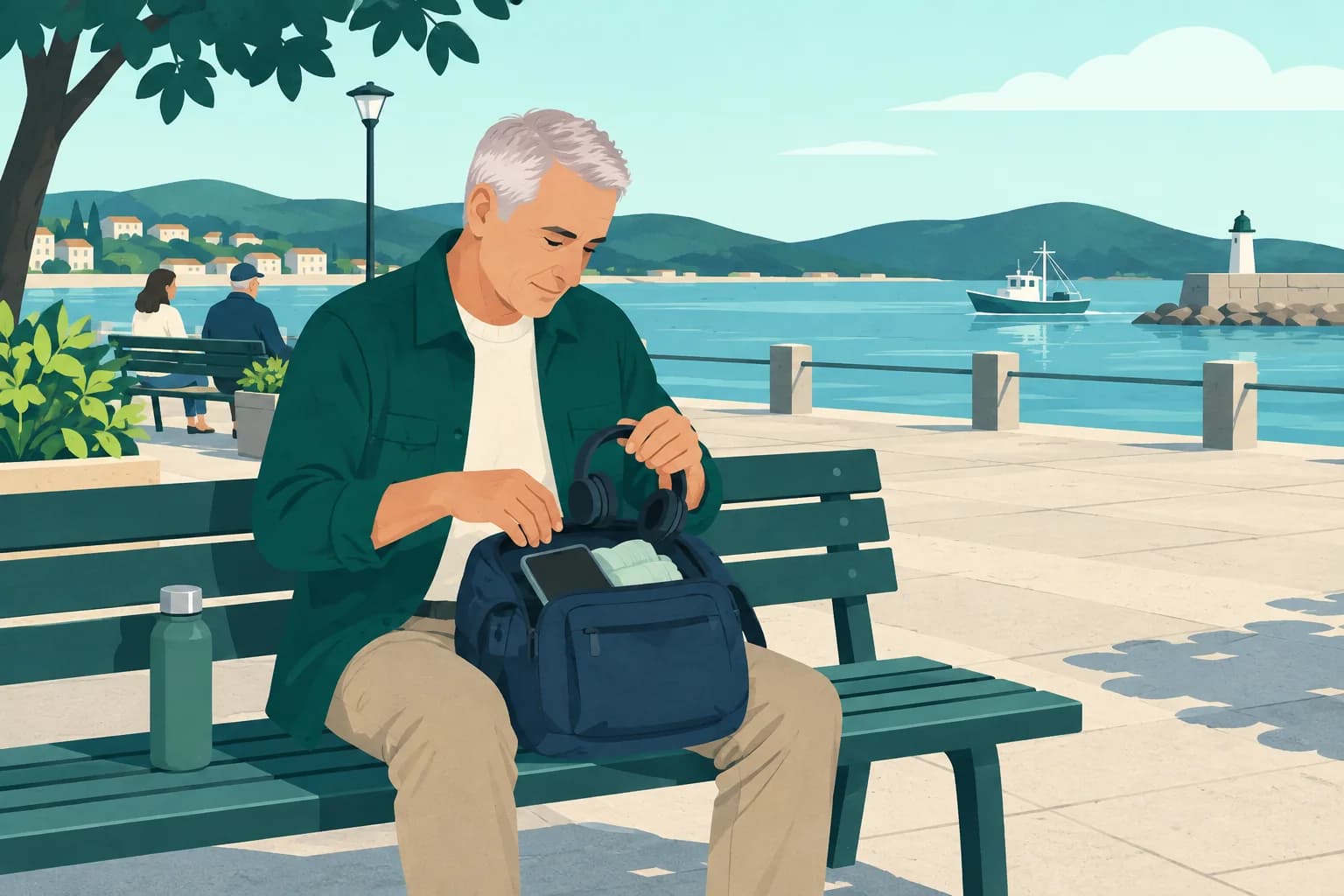 Adult on a harbor waiting bench checking a phone and headphones in a daybag.