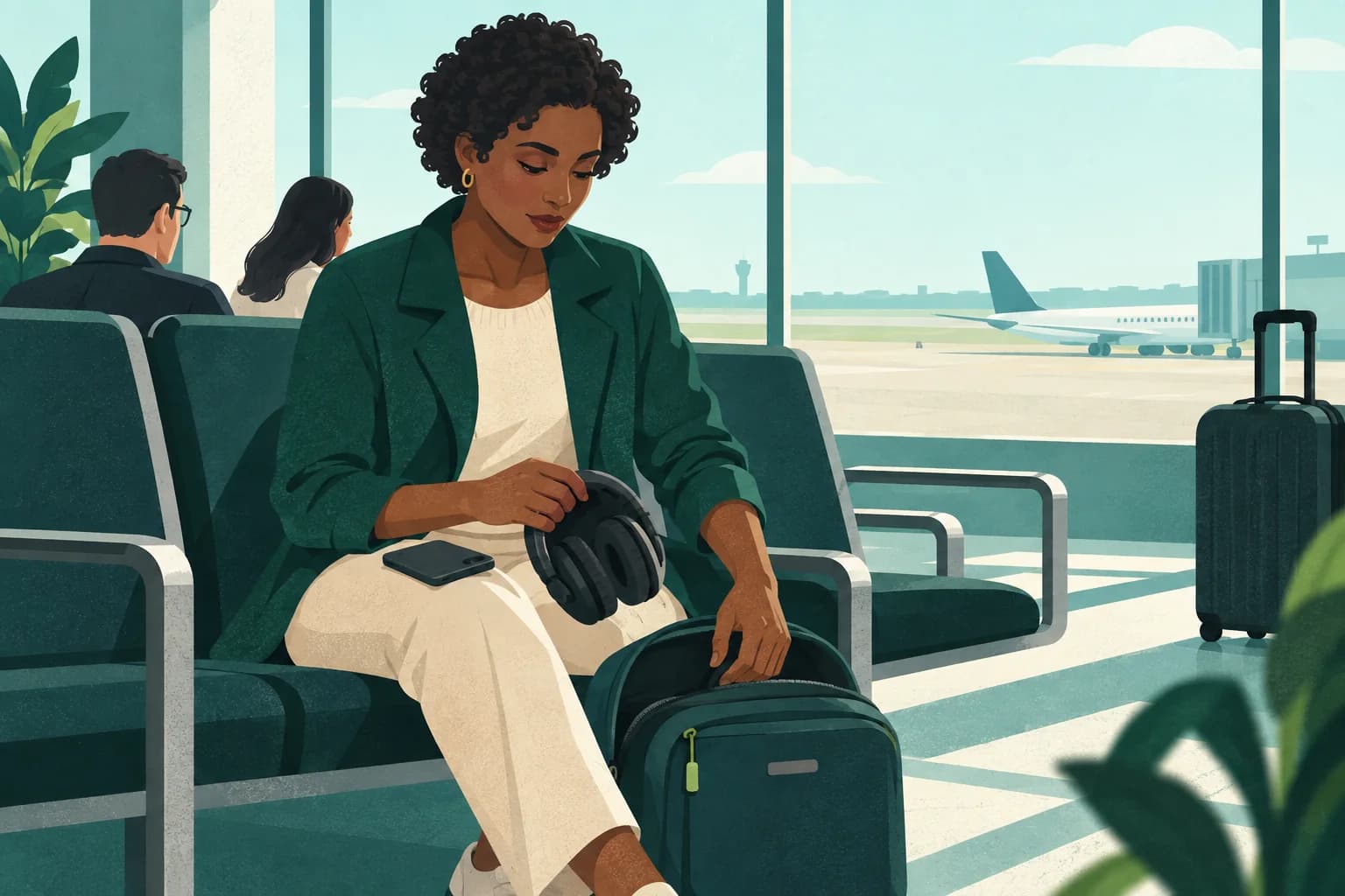 Adult in an airport gate chair with headphones, a plain phone and hand luggage.