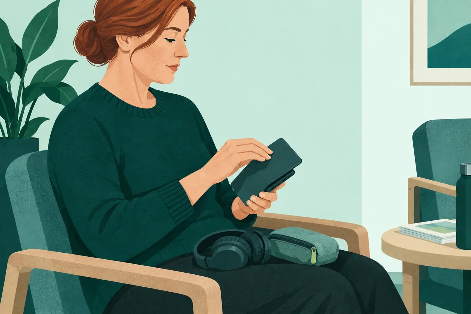 Adult seated in a waiting area closing a phone cover with headphones on their lap.
