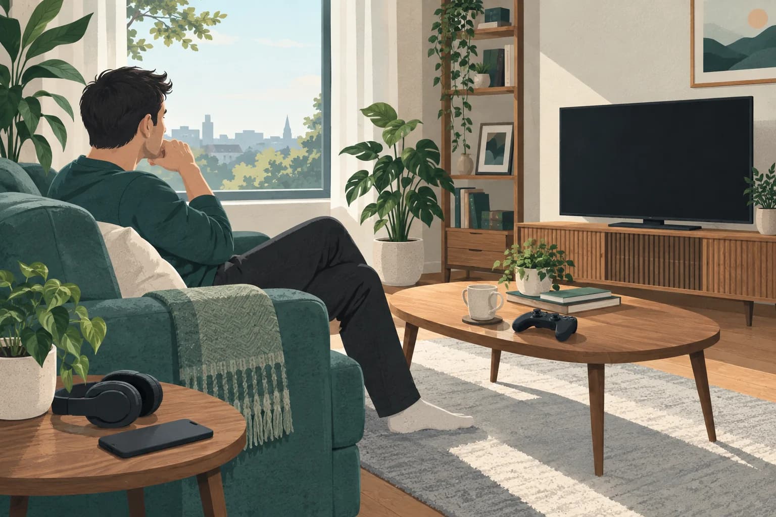 Adult player on a sofa with a controller set down and a phone and headphones on a side table.