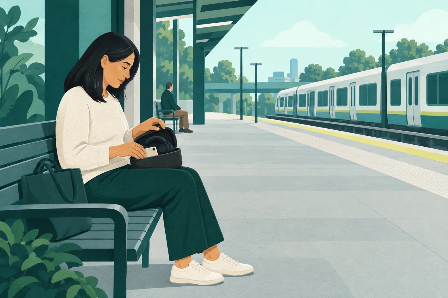 Adult on a station bench with an open headphone pouch, well back from the platform edge.