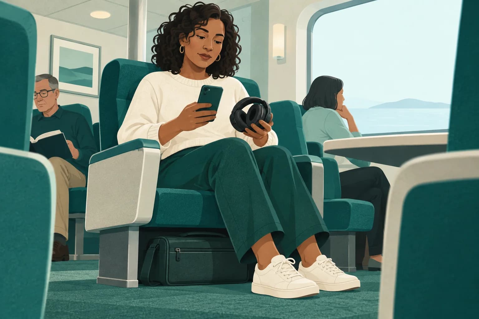 Adult ferry passenger with a carry bag stowed below the seat and a phone and headphones in hand.