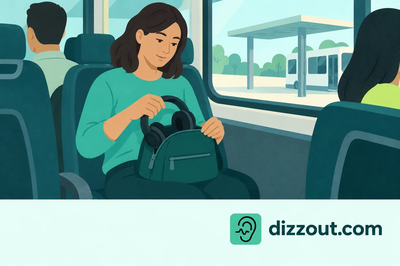 Adult shuttle passenger packs headphones into a lap-held bag before departure, with ears uncovered.