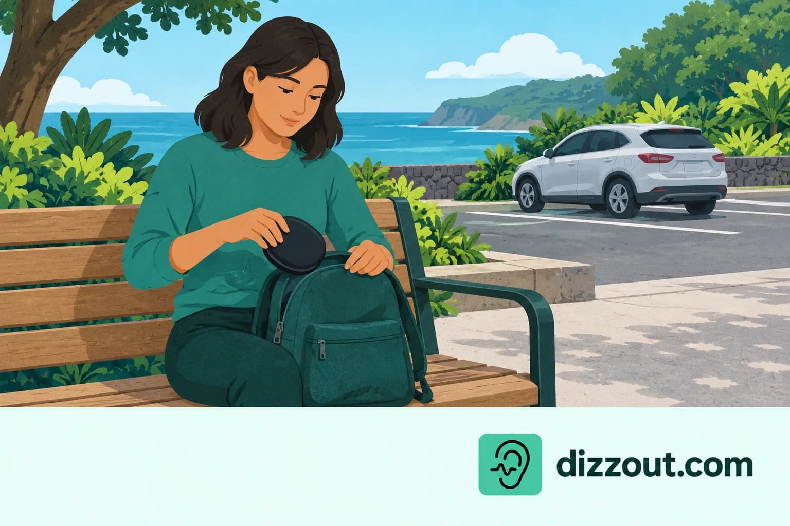 Adult passenger packs a headphone case while seated at a rest-area bench beside designated parking.