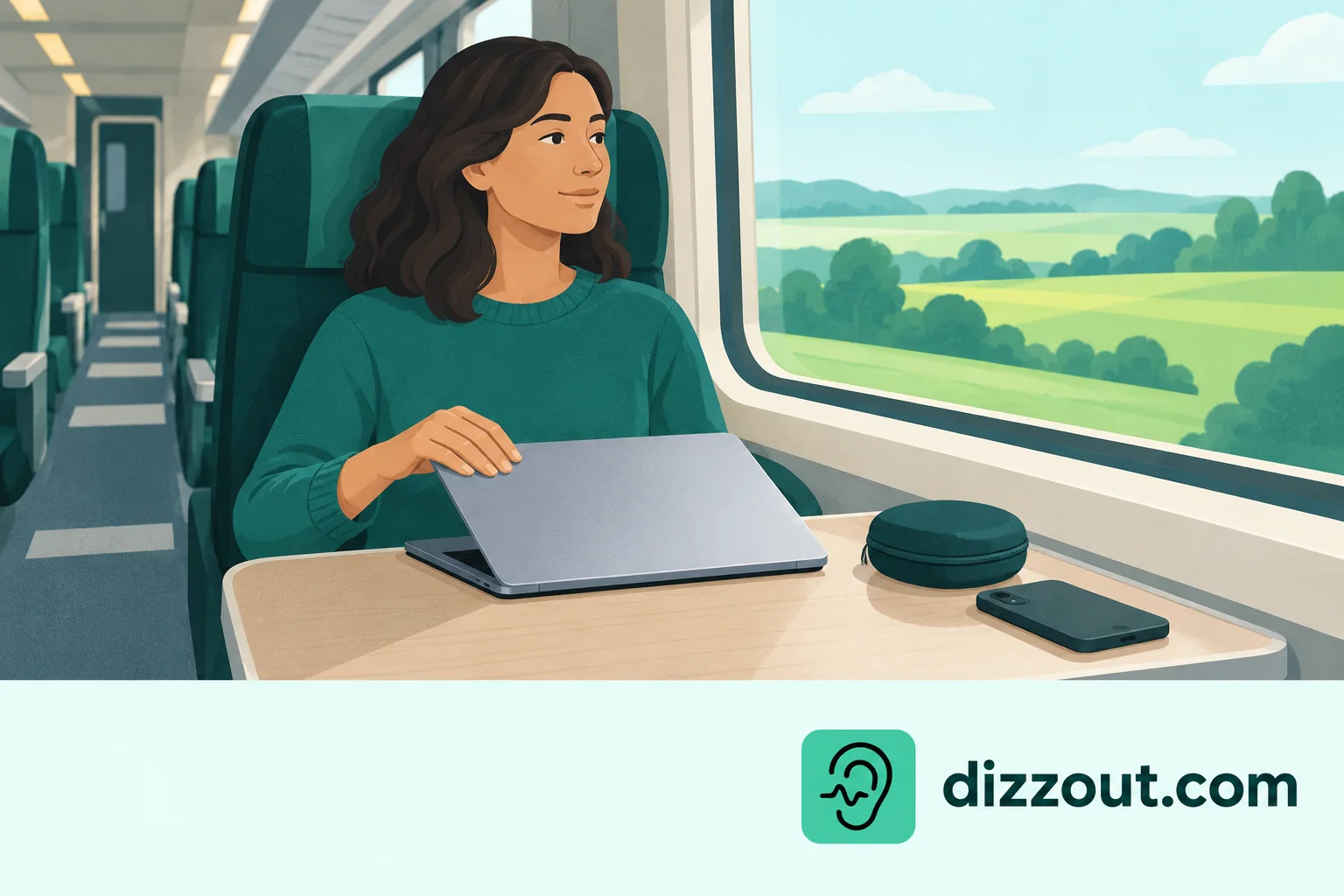 Adult train passenger closes a laptop and looks outside, with a headphone case on the table.