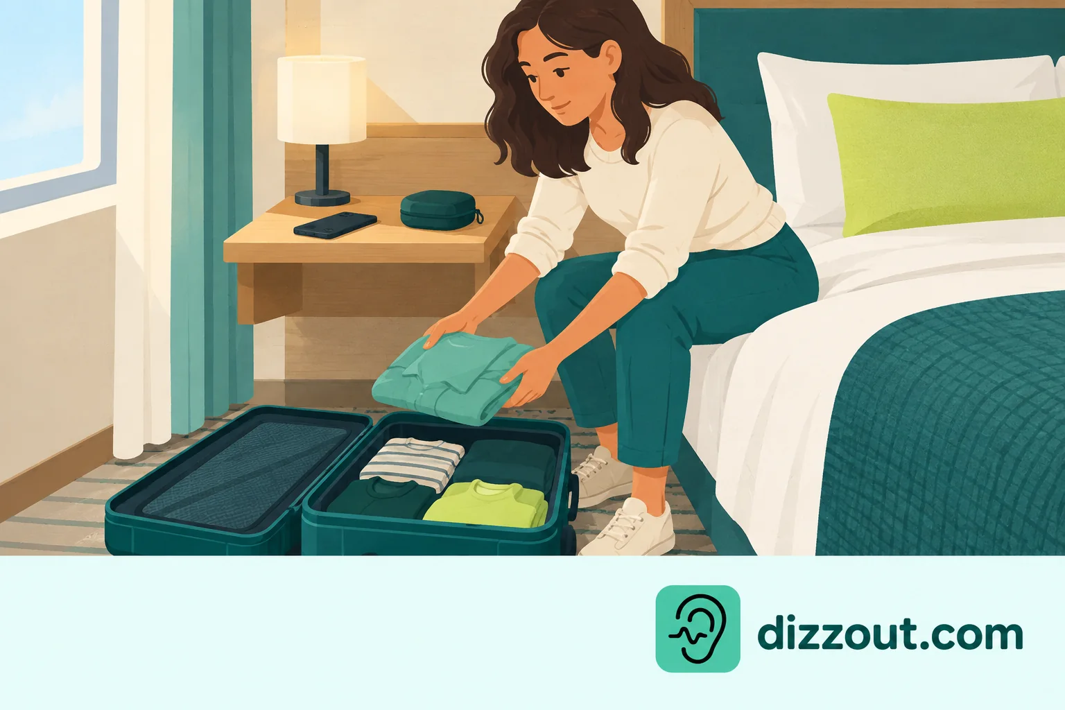Adult clears a bedside shelf while unpacking, leaving a phone and headphone case within reach.