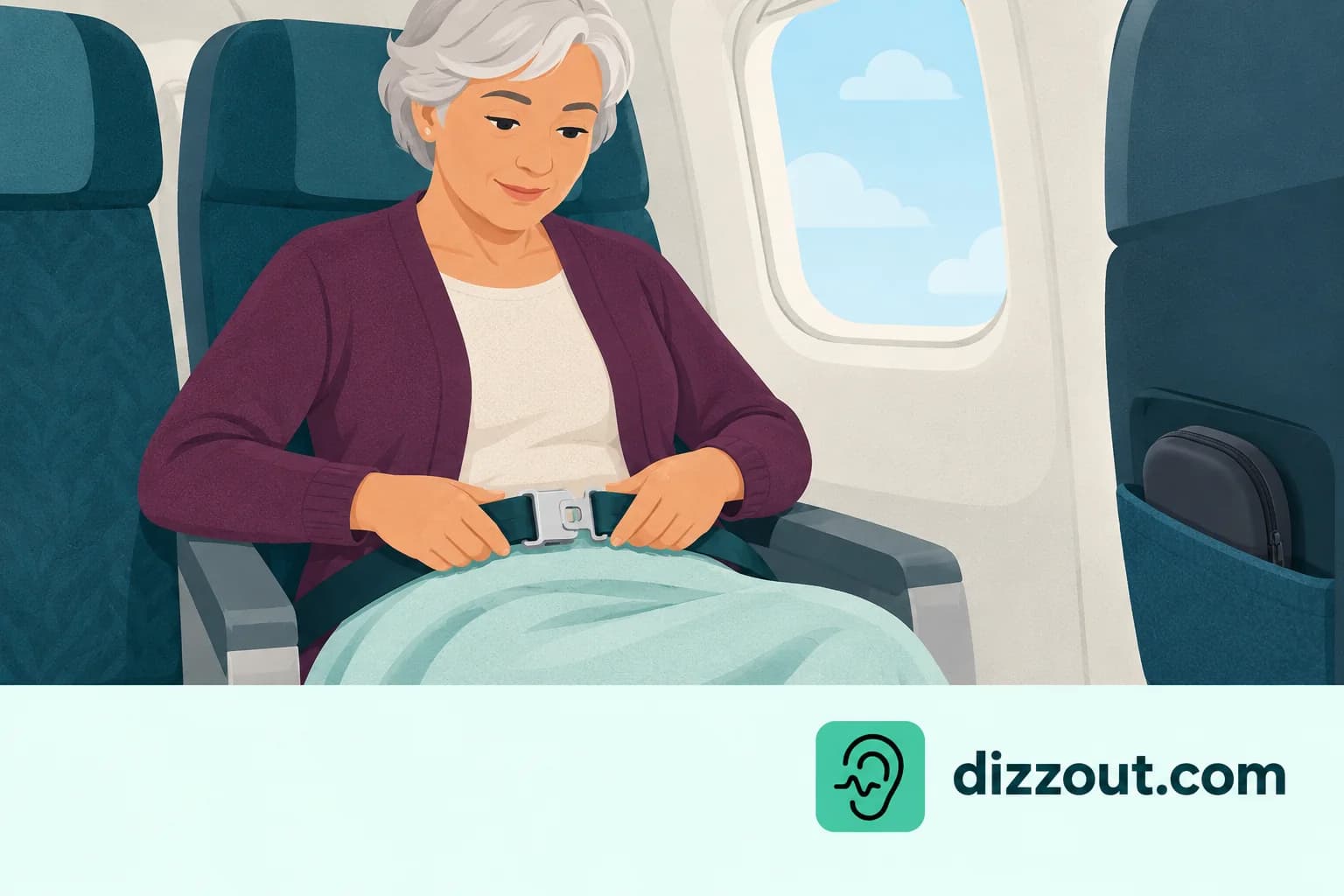 Aircraft passenger fastens a lap belt over a light blanket, with a headphone case stored beside the seat.