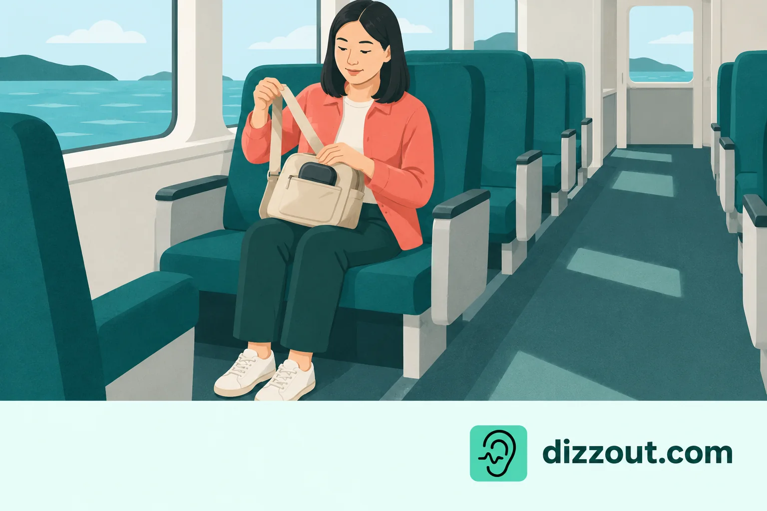 Seated ferry passenger gathers a loose bag strap onto their lap, leaving the footwell clear.